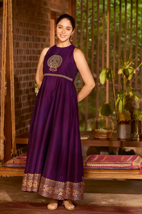 Purple A-Line Anarkali with Kathakali Embroidery & Halter Neck